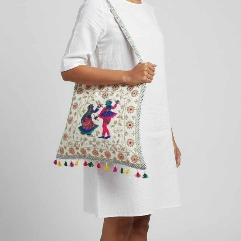 Rajasthani Jaipur Embroidered Handbag Tote Boho Ethnic Mirror Tassel‎ Bag